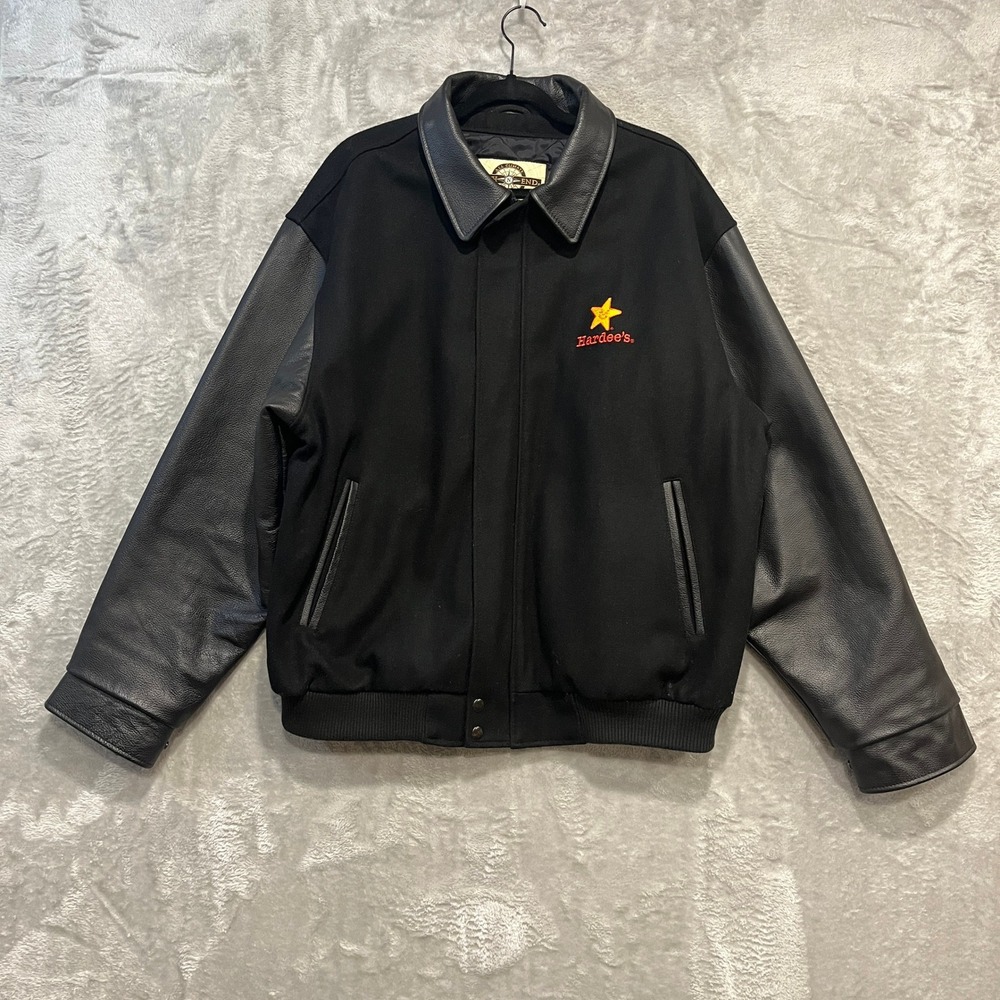 North End Varsity Jacket Mens XL Black Hardee's Leather Sleeve Wool Bomber